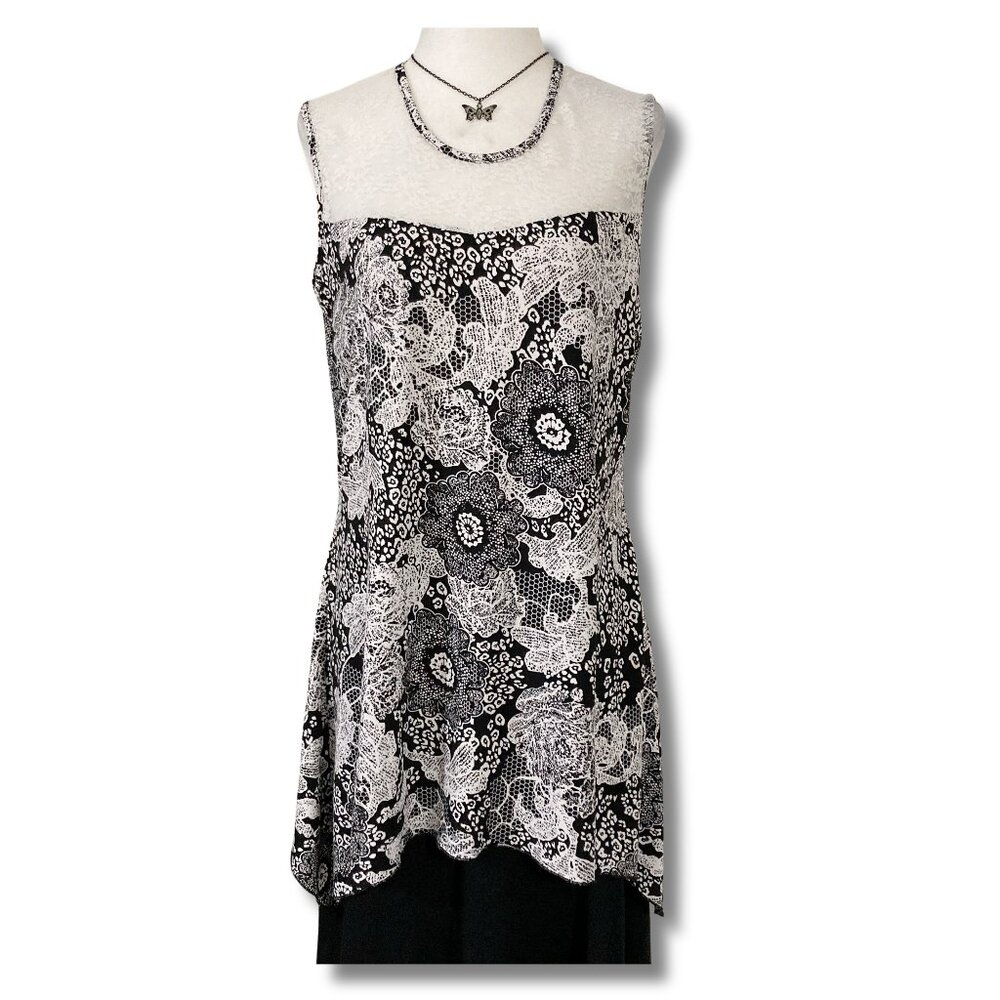 INITIATIVES Black white lace floral leopard print sleeveless top LARGE XL shirt